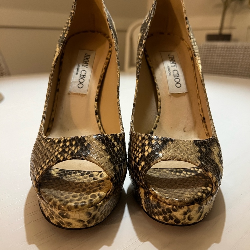 Jimmy Choo Snakeskin Stiletto Peep Toe Heels